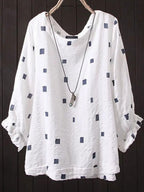 Retro Geometric Print 3/4 Sleeve Lapel Blouse