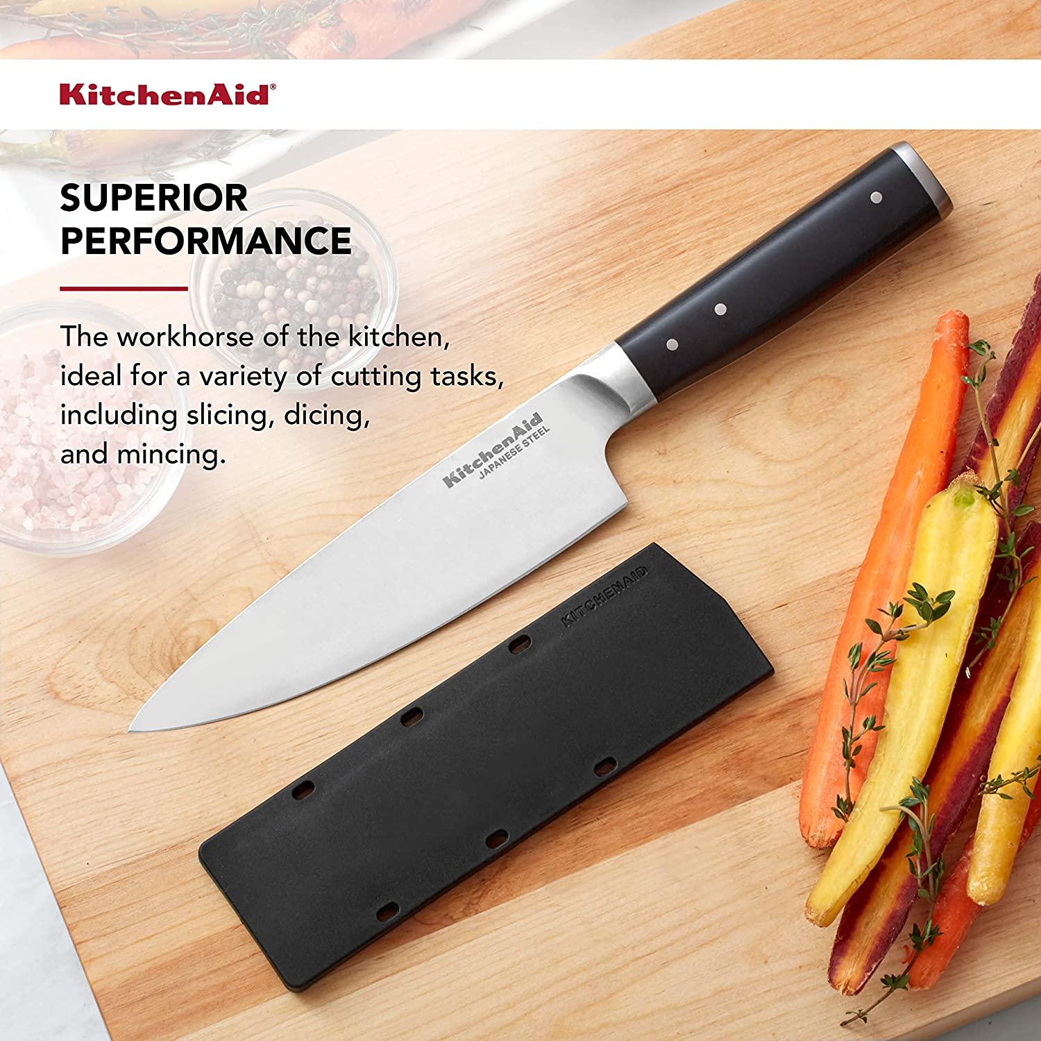 KitchenAid Gourmet Forged Triple Rivet Chef Knife with Custom-Fit Blade Cover, 6-inch, Sharp Kitchen Knife, High-Carbon Japanese Stainless Steel Blade, Black