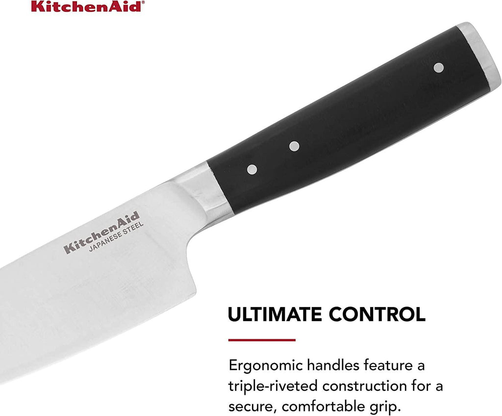 KitchenAid Gourmet Forged Triple Rivet Chef Knife with Custom-Fit Blade Cover, 6-inch, Sharp Kitchen Knife, High-Carbon Japanese Stainless Steel Blade, Black