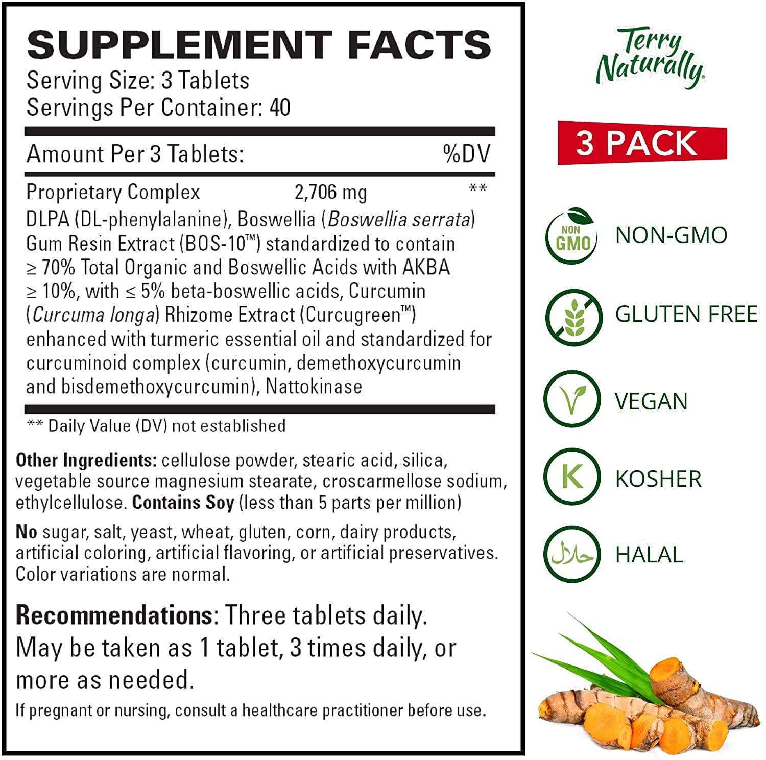 Terry Naturally Curamin Extra Strength (3 Pack) - 120 Vegan Tablets - Non-Addictive Pain Relief Supplement with Curcumin, Boswellia & DLPA - Non-GMO, Gluten-Free - 120 Total Servings