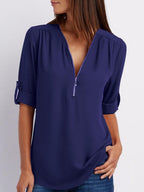 V-Neck  Zips  Plain  Roll-Up Sleeve  Long Sleeve Blouses