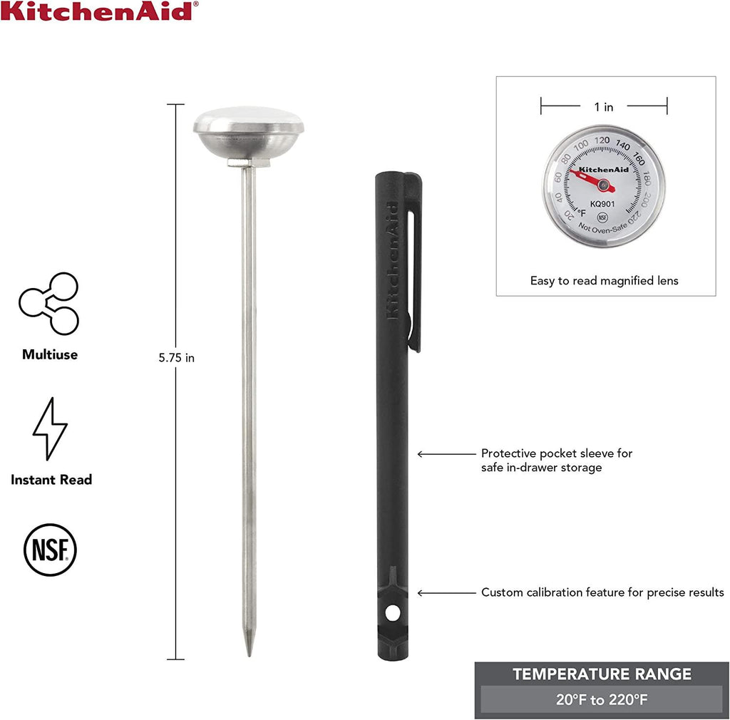 KitchenAid KQ901 Instant Read Food Thermometer for Kitchen or Grill, TEMPERATURE RANGE: 20F to 220F, 1 inch dial, Black