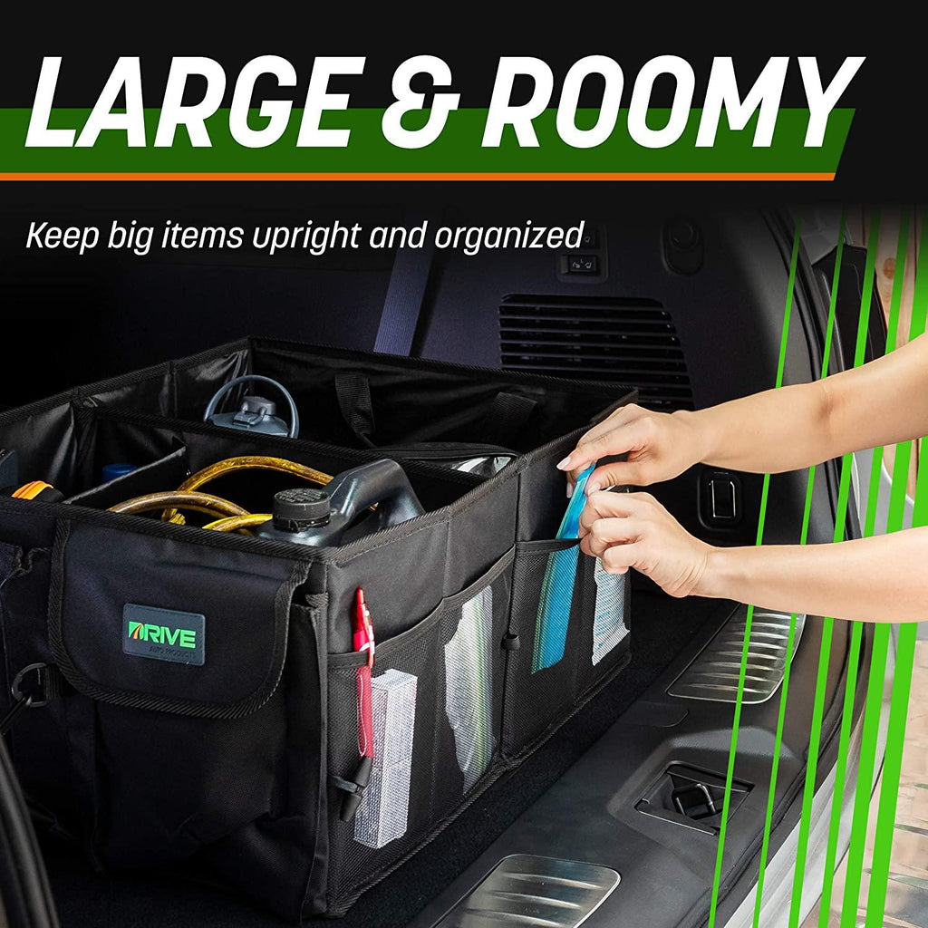Drive Auto Car Trunk Organizer - Collapsible, Multi-Compartment Automotive SUV Car Organizer for Storage w/Adjustable Straps - Truck &amp; Car Accessories for Women and Men - Black