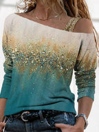 Art Print Color Block Off-shoulder Long Sleeve Top Women