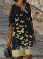 Fashion Butterfly Print Off-shoulder V-neck Dress Women