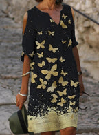 Fashion Butterfly Print Off-shoulder V-neck Dress Women