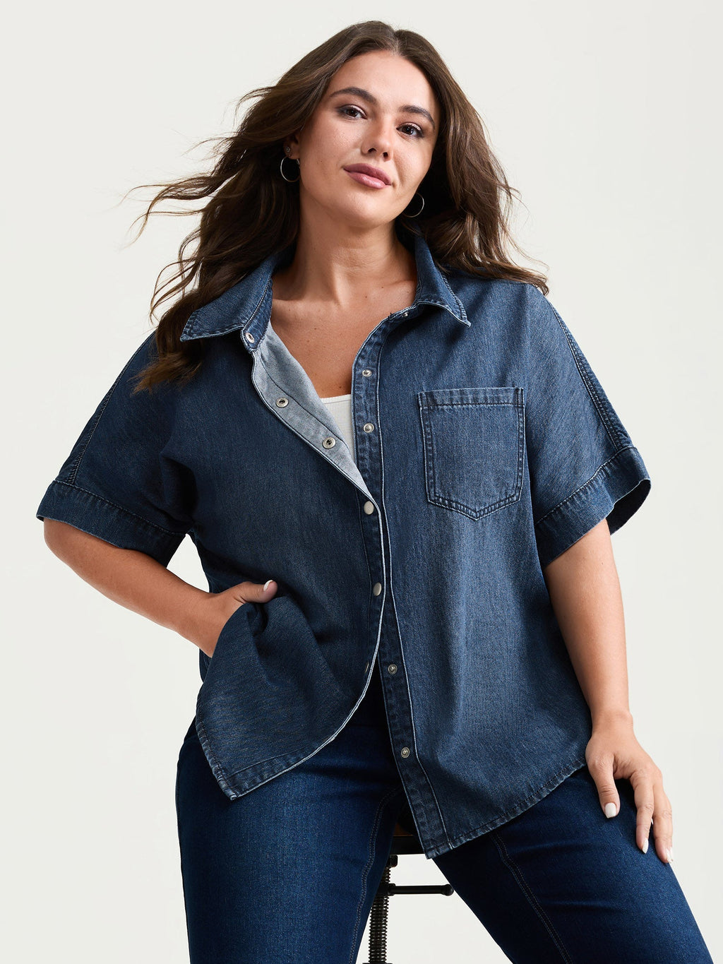 Button Detail Collar Pocket Denim Top