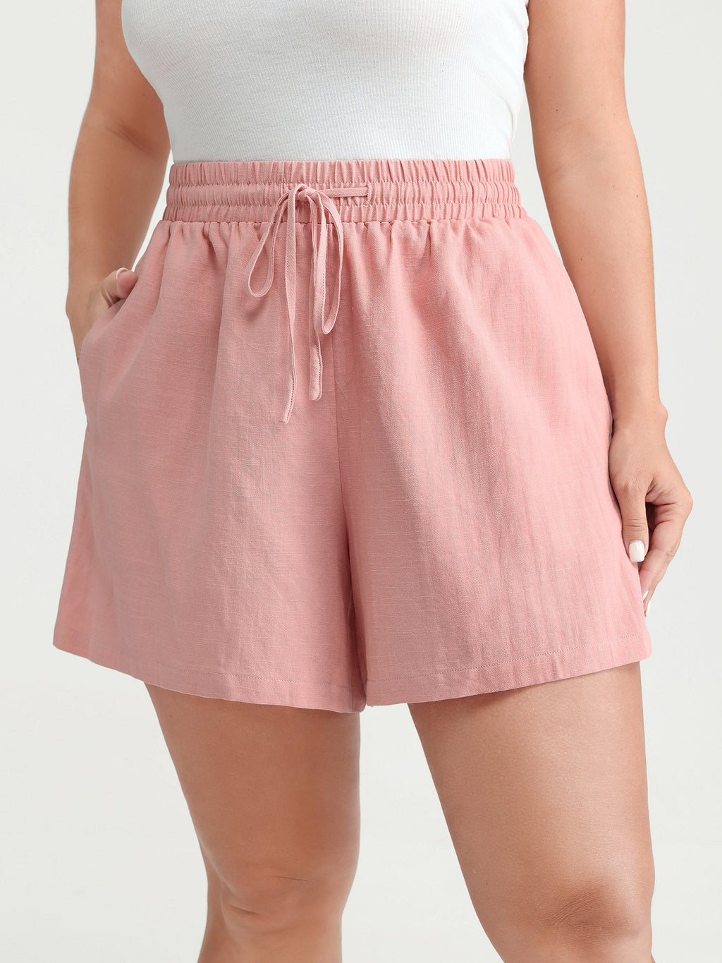 Plain Drawstring Elastic Waist Pockets Shorts
