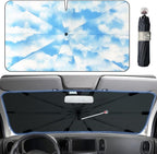 Upgraded Windshield Sun Shade, Car Sunshade with 360° Rotating Shaft, Umbrella Sun Shade Cover with Window Breaker, Suitable for Sedan, SUV, Pickup（Blue Sky）