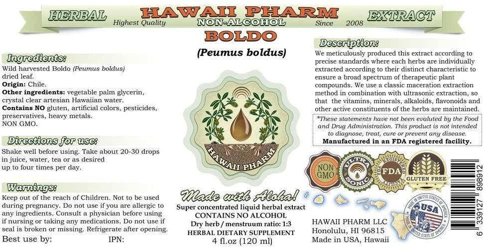 Boldo Alcohol-Free Liquid Extract, Boldo (Peumus boldus) Dried Leaf Glycerite Hawaii Pharm Natural Herbal Supplement 64 oz