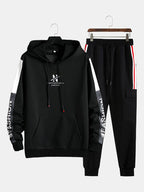 mens contrast patchwork letter pattern drawstring hooded casual two pieces outfits