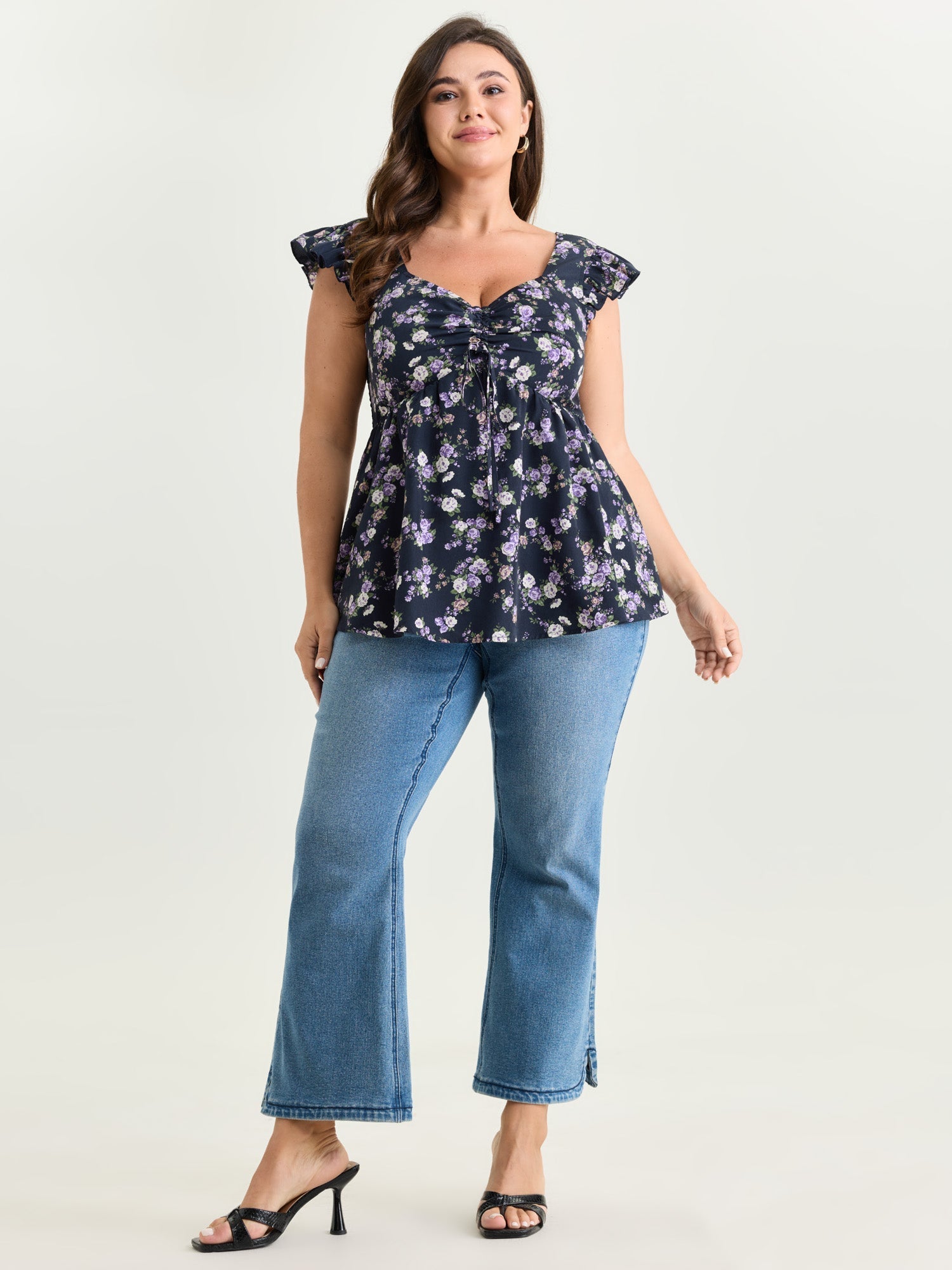 Floral Print Drawstring Bodice Blouse