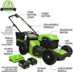 Greenworks 48V 20" Brushless Cordless Electric Lawn Mower, Leaf Blower, String Trimmer, (2) 4.0Ah Batteries and Rapid Charger