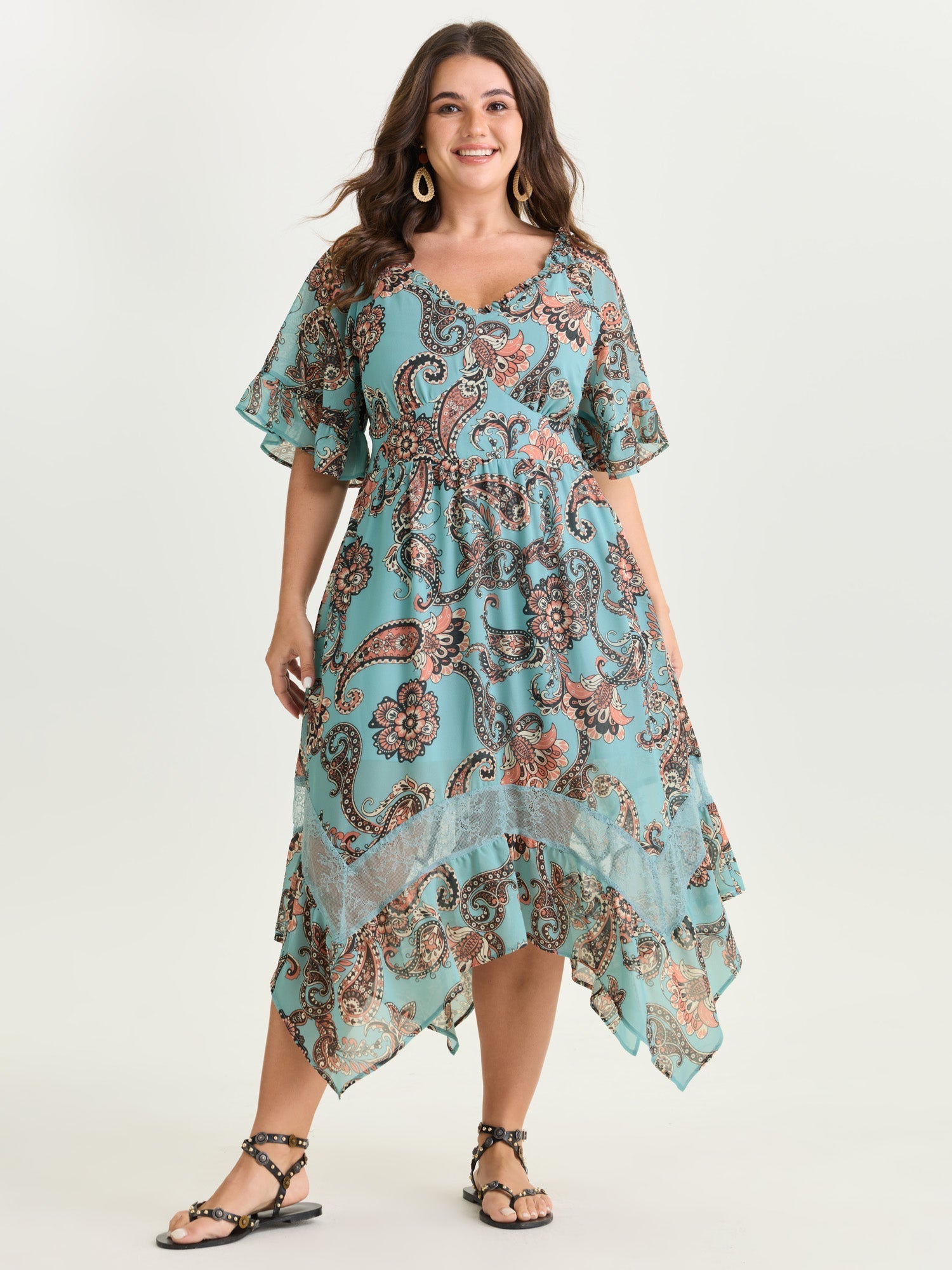 Floral Paisley Print High Low Hem Midi Dress