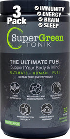 Supergreen Tonik 100% Natural Greens Superfood Powder – Daily Supplement with 38 Superfoods, Vitamins and Minerals – Supports Energy, Stress, Sleep and Immunity – 30 Day Supply – 360 Grams (3 Tubs)