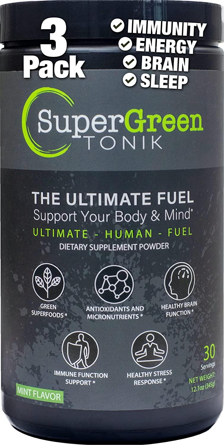 Supergreen Tonik 100% Natural Greens Superfood Powder – Daily Supplement with 38 Superfoods, Vitamins and Minerals – Supports Energy, Stress, Sleep and Immunity – 30 Day Supply – 360 Grams (3 Tubs)