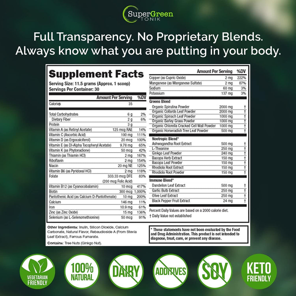 Supergreen Tonik 100% Natural Greens Superfood Powder – Daily Supplement with 38 Superfoods, Vitamins and Minerals – Supports Energy, Stress, Sleep and Immunity – 30 Day Supply – 360 Grams (3 Tubs)