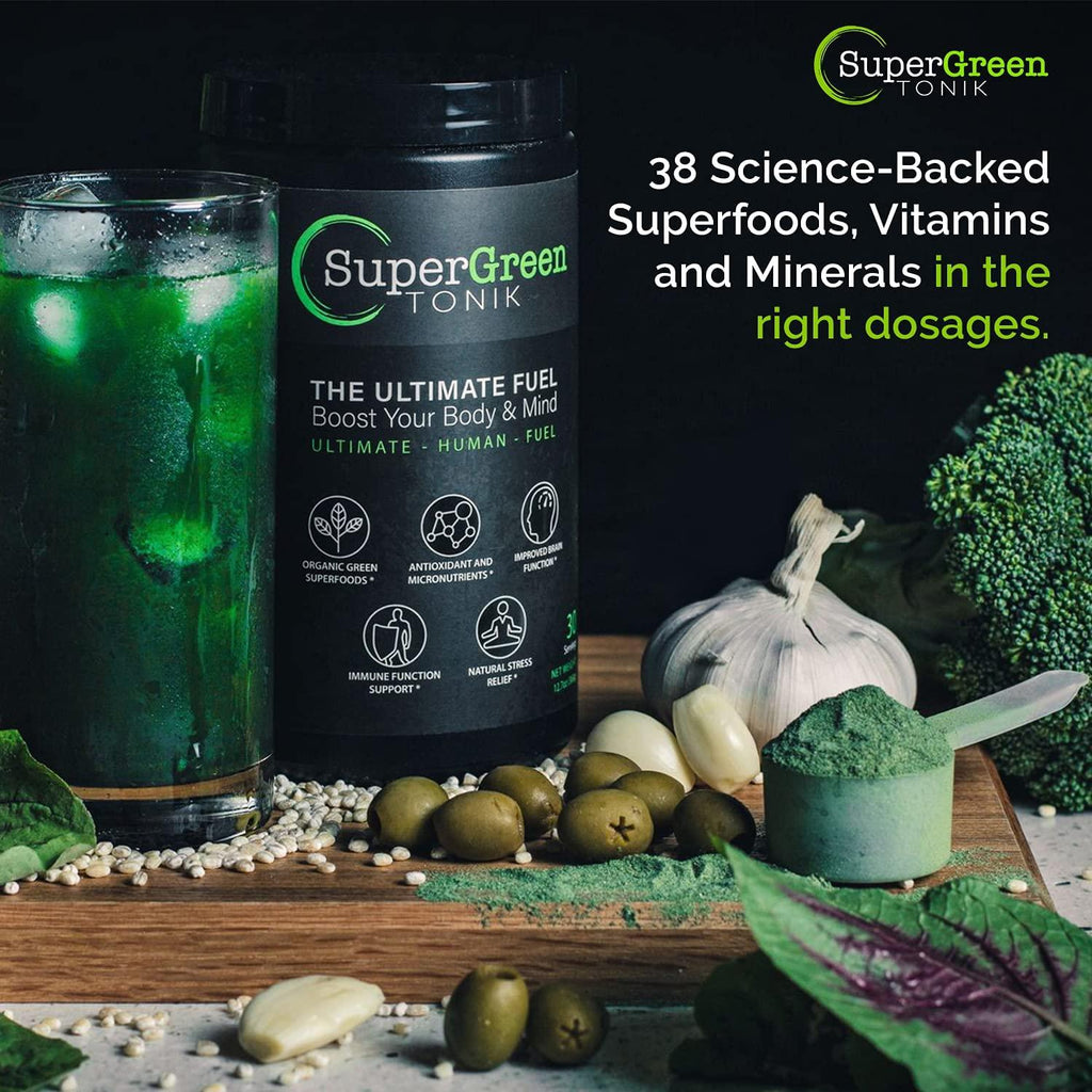 Supergreen Tonik 100% Natural Greens Superfood Powder – Daily Supplement with 38 Superfoods, Vitamins and Minerals – Supports Energy, Stress, Sleep and Immunity – 30 Day Supply – 360 Grams (3 Tubs)