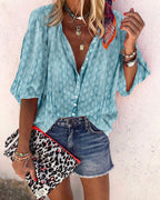 Athleisure Single-Breasted Middle Sleeve Pure Color Blouse