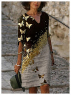 Fashion V-neck short-sleeved butterfly print dress