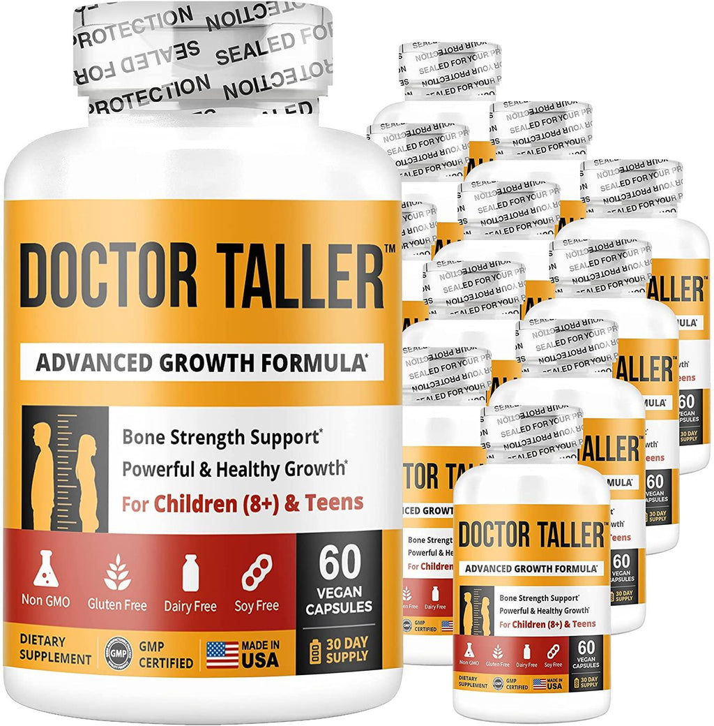 Doctor Taller - Support Healthy Growth - Premium and Breakthrough Ingredients - Help Children and Teens Grow - Healthy Growth Supplement - 60 Vegan Capsules - for Children (8+) and Teens (Pack of 12)