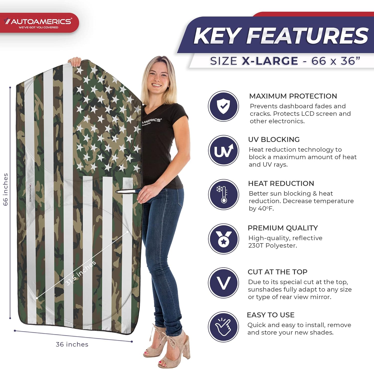 Autoamerics 1-Piece Windshield Sun Shade ERDL Camo American Flag USA  - Foldable Car Front Window Sunshade for Most Sedans SUV Truck - Blocks Max UV Rays and Keeps Your Vehicle Cool - X-Large