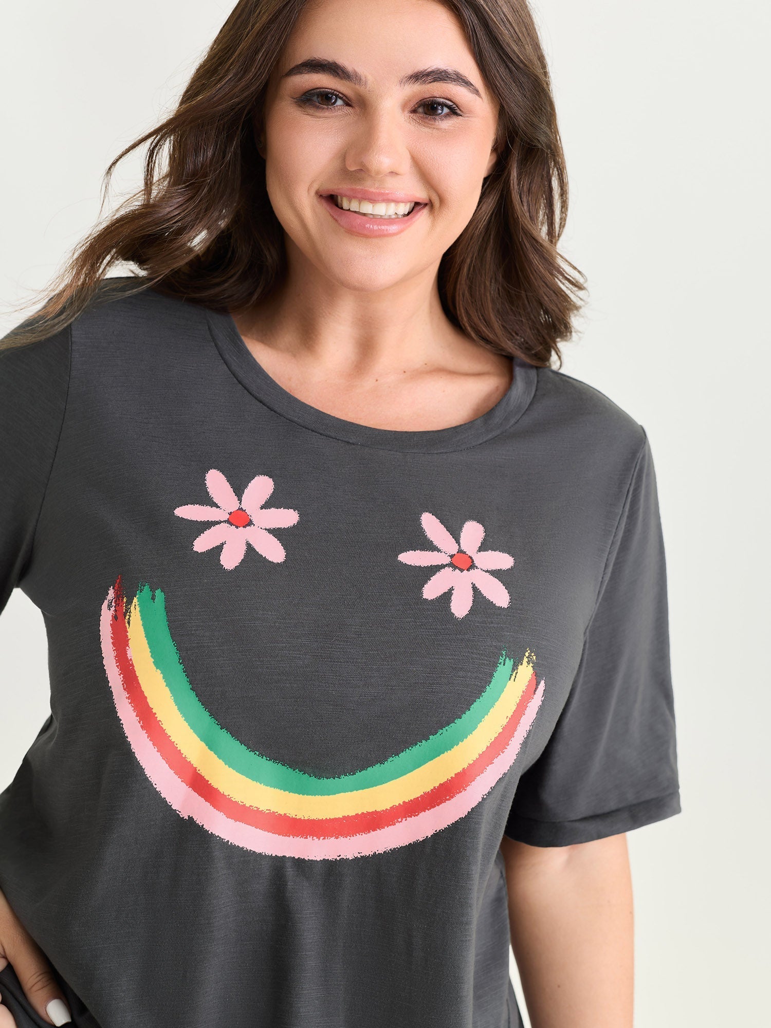 Happy Rainbow Print Round Neck T-Shirt