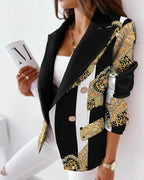 Scarf Print Lapel Collar Flap Detail Double Breasted Blazer