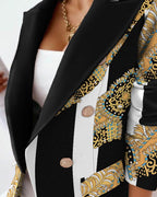 Scarf Print Lapel Collar Flap Detail Double Breasted Blazer