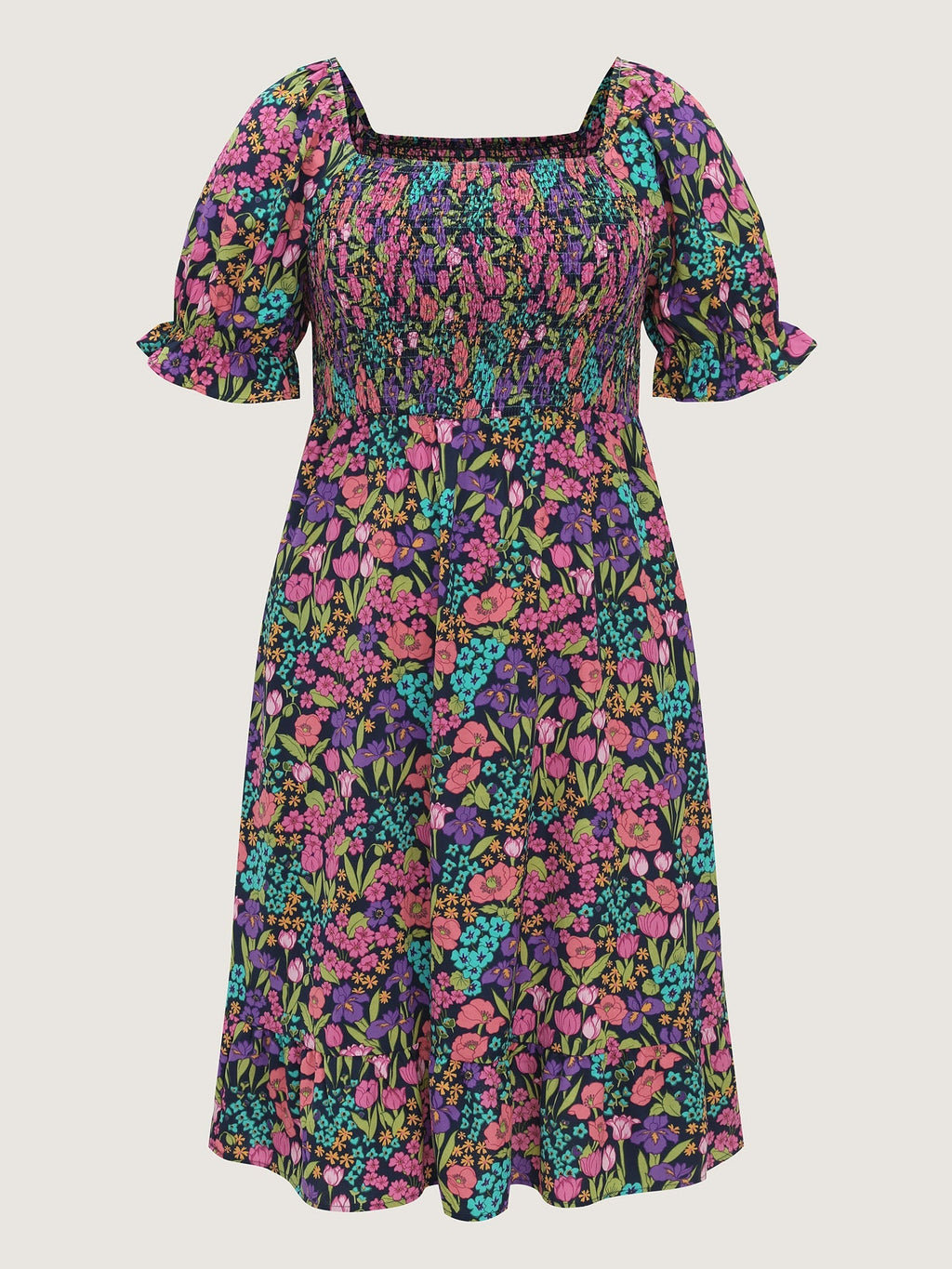 Playful Floral Print Shirred Midi Dress
