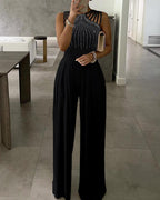 Rhinestone Cutout Ruched Wide Leg Jumpsuit