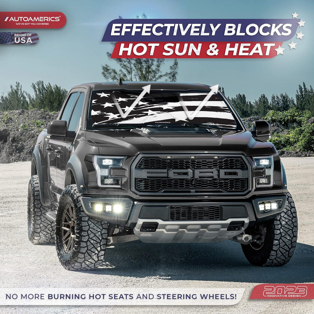 Autoamerics 1-Piece Windshield Sun Shade B&amp;W Art American Flag USA  - Foldable Car Front Window Sunshade for Most Sedans SUV Truck - Blocks Max UV Rays and Keeps Your Vehicle Cool - Small