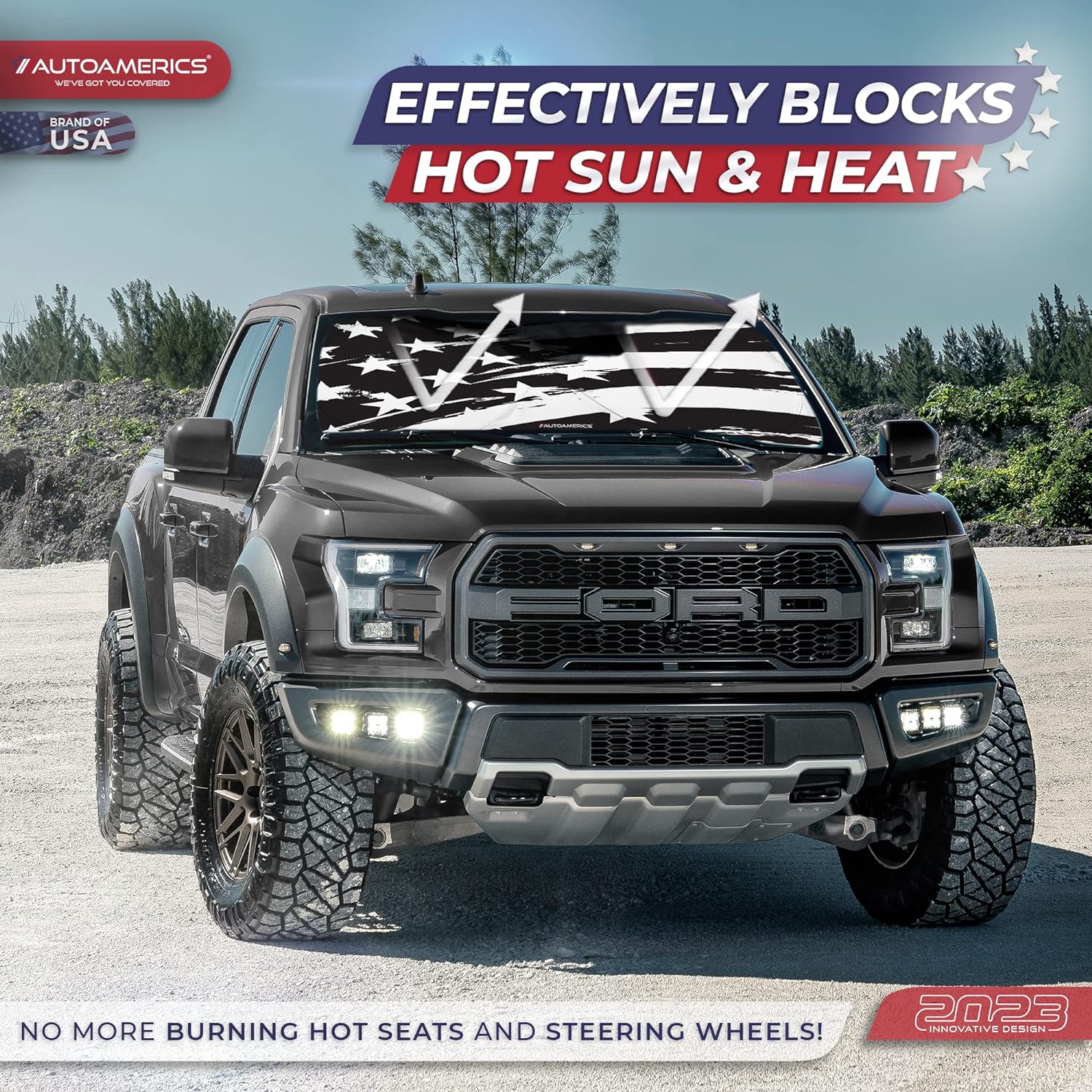 Autoamerics 1-Piece Windshield Sun Shade B&amp;W Art American Flag USA  - Foldable Car Front Window Sunshade for Most Sedans SUV Truck - Blocks Max UV Rays and Keeps Your Vehicle Cool - Small