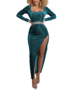 women  square neck high slit gold velvet dress s-xxl