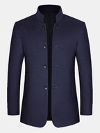mens pure color stand collar single breasted warm woolen overcoats