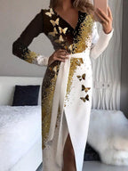 Fashion Butterfly Print V-neck Wraped Dress Women
