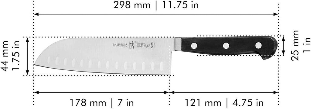 HENCKELS Classic Razor-Sharp 7-inch Hollow Edge Santoku Knife, German Engineered Informed by 100+ Years of Mastery