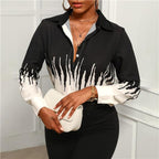 Temperament lapel retro print long-sleeved shirt