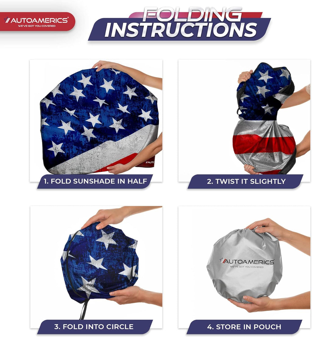 Autoamerics 1-Piece Windshield Sun Shade Grunge American Flag - 4 USA  - Foldable Car Front Window Sunshade for Most Sedans SUV Truck - Blocks Max UV Rays and Keeps Your Vehicle Cool - Small
