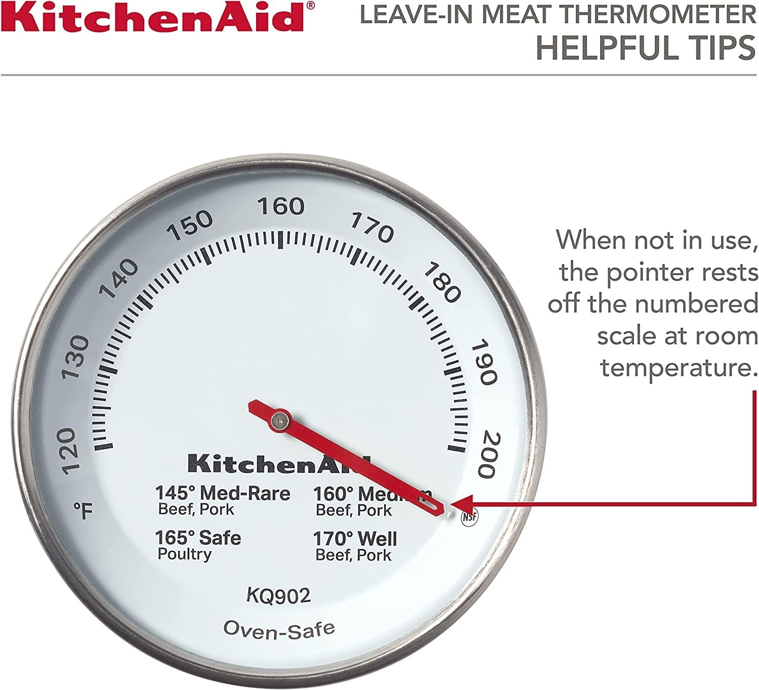 KitchenAid KQ902 Leave-in, Oven/Grill safe Meat Thermometer, TEMPERATURE RANGE: 120F to 200F, Stainless Steel