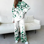 Women's Fashionable Green Print Drop Shoulder Loose Suit