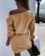 dew shoulder belted long sleeve mini dress