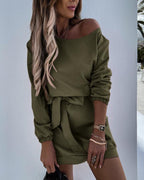 dew shoulder belted long sleeve mini dress