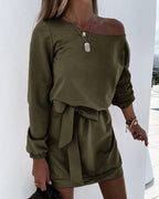 dew shoulder belted long sleeve mini dress