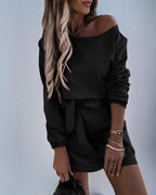 dew shoulder belted long sleeve mini dress