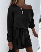 dew shoulder belted long sleeve mini dress