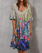 women holiday u neck colorful floral ruffle dress