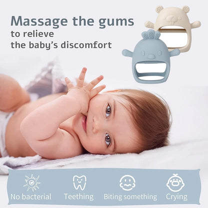 2 Pack Baby Teether Toy, BPA Free Silicone Mitten Glove Teether for Sucking Needs, Baby Teething Toys 0-3-6-12 Months, Hand Pacifier Chew Toys for Teething Pain Relief (Beige & Blue)
