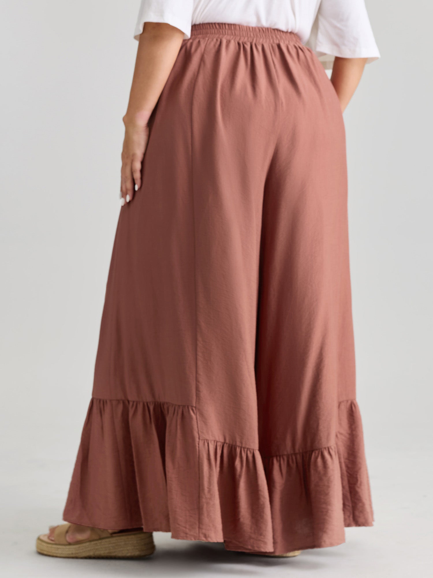 Ruffled Hem Plain Flowy Pants