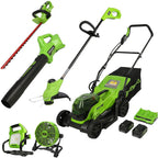 Greenworks 48V 14" Brushless Cordless Electric Lawn Mower, Leaf Blower, String Trimmer, Hedge Trimmer, Work Light, Fan, (2) 4.0Ah Batteries and Rapid Charger